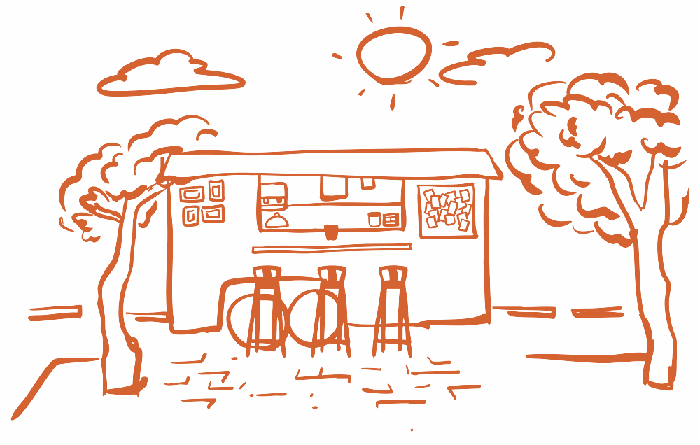 Dibujo del remolque de Jerico Coffee Brewers con sus bancos, entre árboles